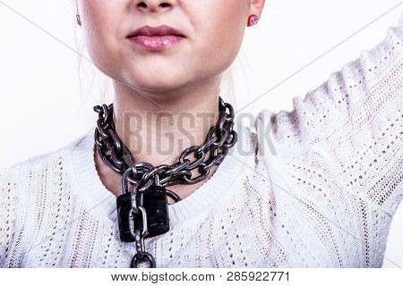 Slavery, Lack Of Freedom Speech, Social Problems, Anxiety, Sore Throat, No Human Rights Concept. Wom