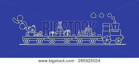 Funny Vector Illustration With Train Carries Toys: Baby Toy Musical Maracas, Designer, Bear, Gifts, 