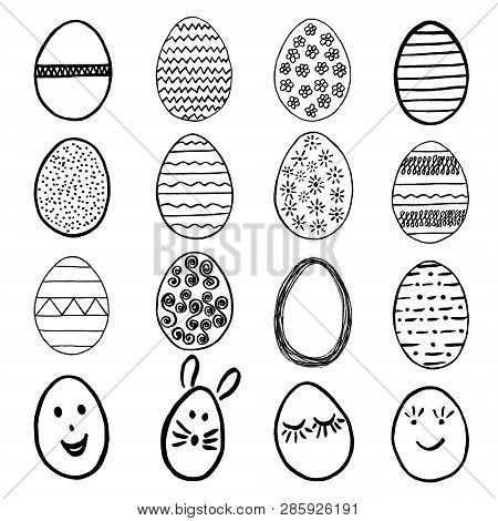 Set Of Easter Eggs. Egg Icons Collection In Doodle Style. Hand Drawn Easter Eggs.