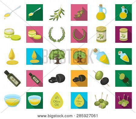 Olive, Food Cartoon, Flat Icons In Set Collection For Design. Olive Oil, Seasoning Vector Symbol Sto