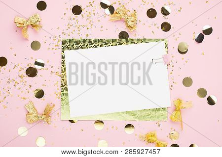 Blank Sheet Of Paper, Notebook On A Festive Pink Background With Golden Confetti And Glitter. Univer