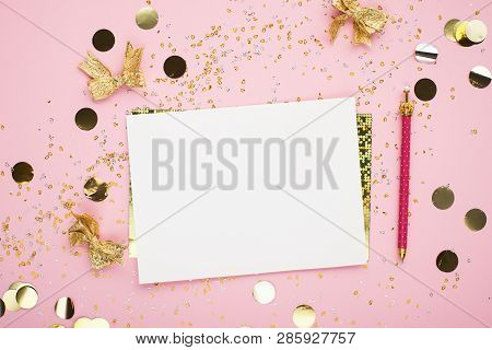 Blank Sheet Of Paper, Notebook On A Festive Pink Background With Golden Confetti And Glitter. Univer
