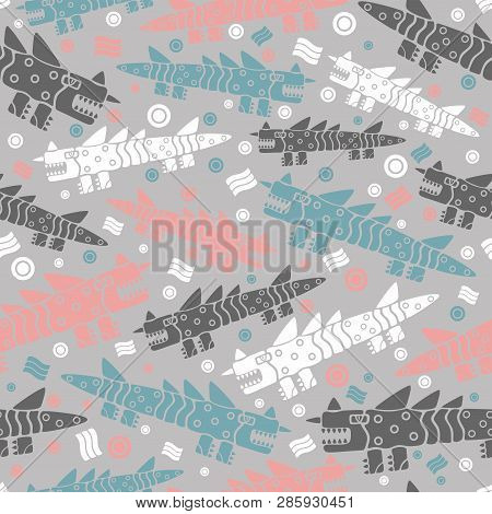 Seamless Background With Dragons, Crocodiles Or Monitor Lizards. Colored On Grey Background, Vector 