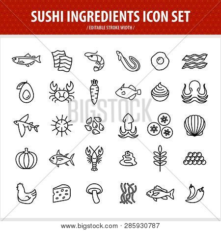 Sushi Line Icons Set. Sushi And Sashimi Components