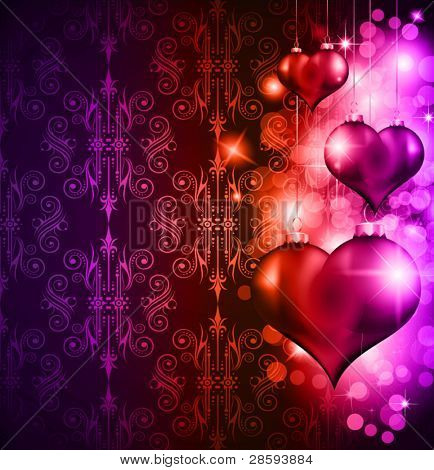 Valentýna leták s bezproblémovou vinobraní pozadí, lesklá srdce a hvězda světla.