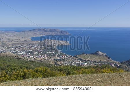 Panorama Of The Black Sea Coast - A View From The Perchem Mountain On The Resort Town Of Sudak And K