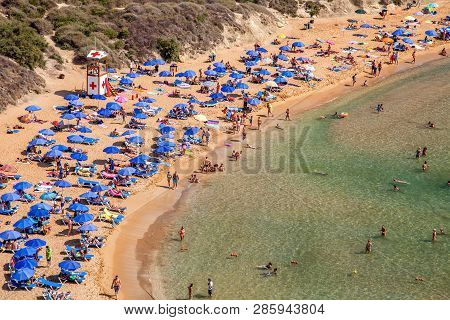 Ghajn Tuffieha, Malta - July 16: Beach At Resort Ghajn Tuffieha On July 16, 2015 In Malta
