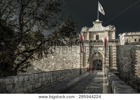 Mdina, Malta - July 17: Historical Entrance Gate Into Town Mdina On July 17, 2015 In Malta