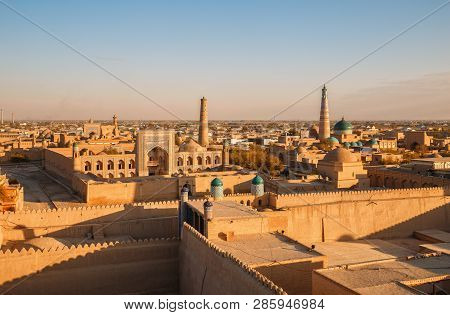 Top View Of The Old City Of Khiva, Ichan-kala Fortress At Sunset
