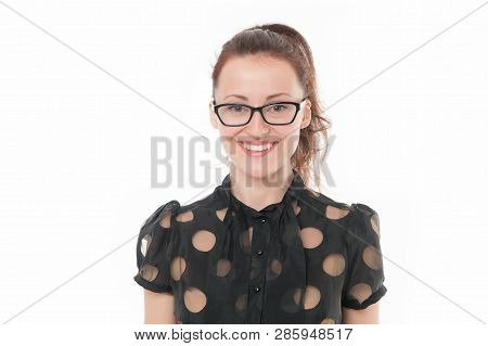 How Can I Help You. Woman Smiling Face Wear Eyeglasses White Background. Girl Formal Style Clothes G