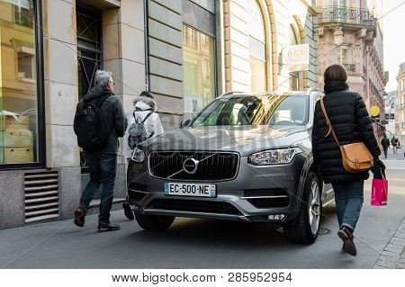 Strasbourg, France - Feb 16, 2018: People Walking Early In The Morning On Rue De La Mesange Near Bou