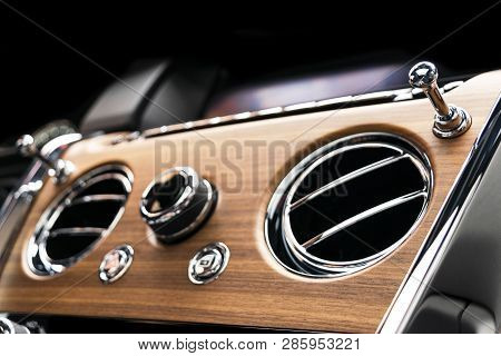 Ac Ventilation Deck In Luxury Modern Car Interior. Modern Car White Leather Interior. With Stitching