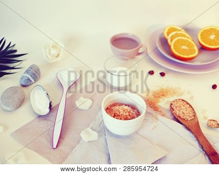Sea Salt, Sliced ​​orange, Sea Stones And Shells, Water On A Bright Table, Ingredients For A Mask, S
