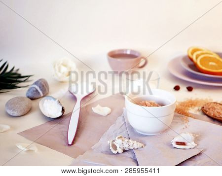 Sea Salt, Sliced ​​orange, Sea Stones And Shells, Water On A Bright Table, Ingredients For A Mask, S