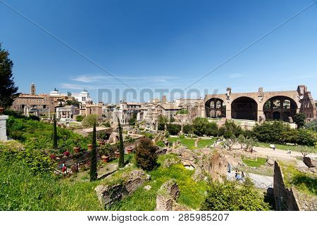 Wide Angle View Of The Roman Forum, With The The Basilica Of Maxentius And Constantine, Sometimes Kn