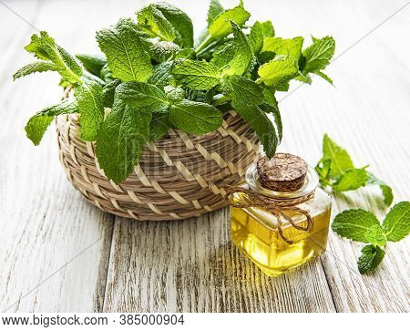 Organic Essential Mint Oil With Green Leaves
On A White  Wooden Background