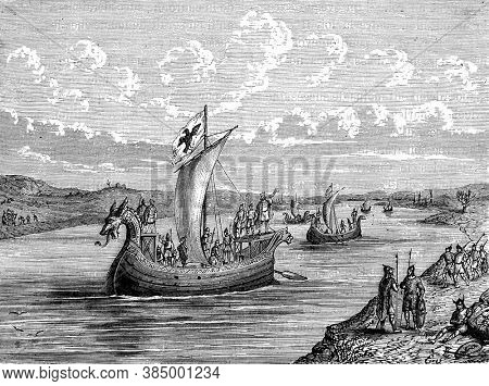 Norman ships going up a river, Vintage engraving. From Popular France, 1869.