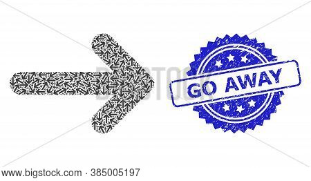 Go Away Dirty Stamp Seal And Vector Fractal Mosaic Right Arrow. Blue Stamp Includes Go Away Tag Insi