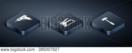 Set Isometric Electric Hot Glue Gun, Hammer And Construction Stapler Icon. Vector