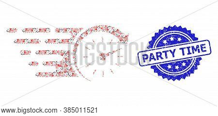 Party Time Dirty Stamp Seal And Vector Recursion Mosaic Time. Blue Stamp Seal Includes Party Time Ta