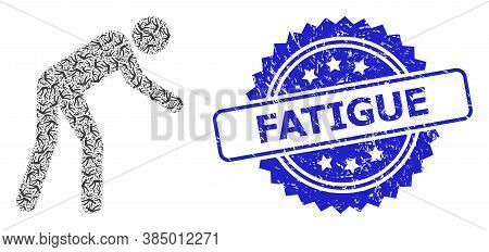 Fatigue Scratched Stamp And Vector Recursion Mosaic Tired Person. Blue Stamp Contains Fatigue Captio