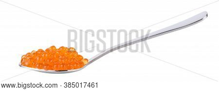 Red Tasty Salted Caviar Or Fish Eggs In Spoon Isolated On White Background