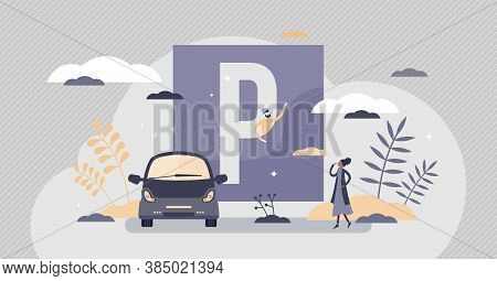 Parking Lot As Urban Street Traffic Sign For Vehicle Tiny Persons Concept. Car Space Place Informati