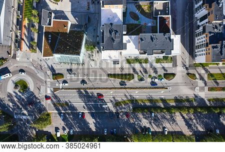 Aerial View Of Apartment Buildings, Streets In The Tapiola Neighborhood Of Espoo, Finland. Modern No