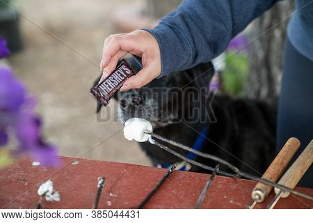 Dubois, Wyoming - July 26, 2020: Girl Making Smores Holds Up A Hersheys Chocolate Bar, Teasing A Dog