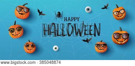 Happy Halloween Greeting Banner With Pumpkins And Bats .paper Cut Style.