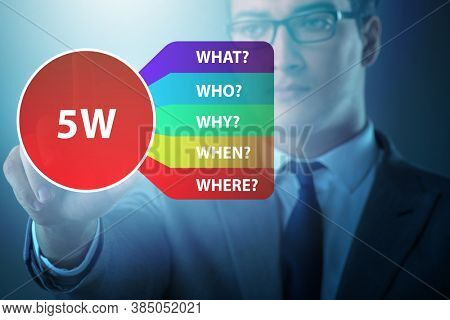 Five whys concept with businessman pressing virtual button