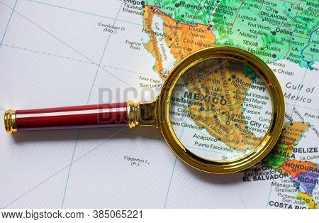 Mexico  And Other Countries  On A Map Of  South America  In A Defocused Magnifying Glass, The Theme 