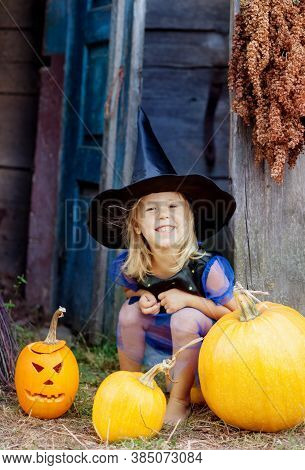 Little Witch For Hallowee. Halloween Party. Pumpkin