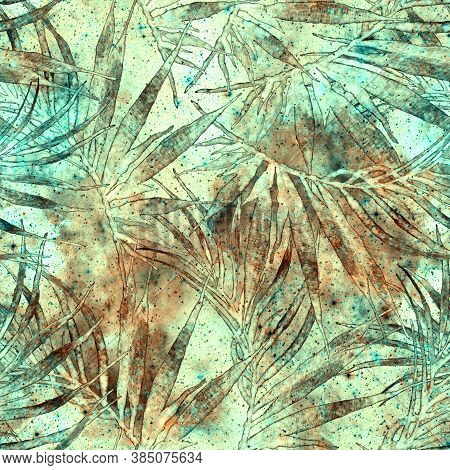 Tropical Seamless Pattern.  Fashion Hand Drawn Texture. Turquoise Cosmic Background. Tropical Seamle