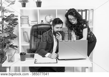 Problem Solving. Business Partners Work On Computer. Communication And It Skills. Workplace Communic