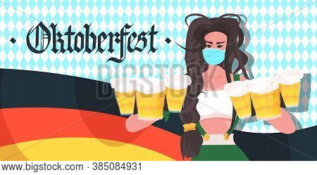 Woman Holding Beer Mugs Oktoberfest Party Festival Celebration Waitress Wearing Mask To Prevent Coro