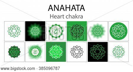 Anahata Icon Set. The Fourth Heart Chakra. Vector Green Gloss And Shine. One Line Symbol. Outline Sa