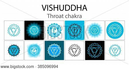 Vishuddha Icon Set. The Fifth Guttural Chakra. Vector Blue Gloss And Shine. One Line Symbol. Outline