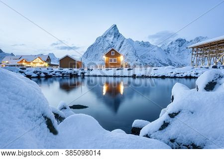 View On The House In The Sarkisoy Village, Lofoten Islands, Norway. Landscape In Winter Time During 