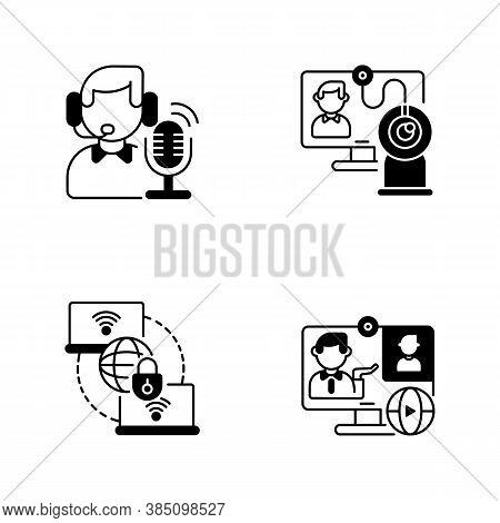 Web Conference Black Linear Icons Set. Radio Broadcast. Webcam For Online Meeting. Private Wan. Virt