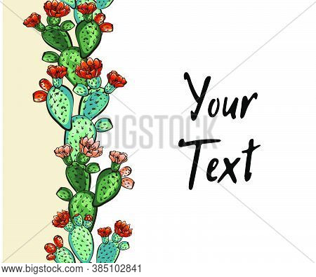 Web Banner Template Pattern, Wreath Of Cacti With Flowers, Decorative Exotic Plants  With Text Space