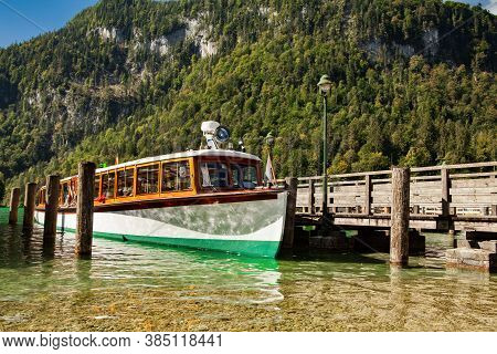 Electric Tourist Boats On Beautiful Lake Konigssee Pier Berchtesgaden National Park Bavaria Germany