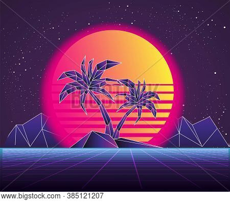 Retro Future, Slogan Give Me Back 80's, Futuristic Landscape, Mountains. Sci-fi Background. 80S Part