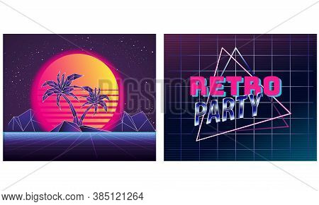 Retro Future, Slogan Give Me Back 80's, Futuristic Landscape, Mountains. Sci-fi Background. 80S Part