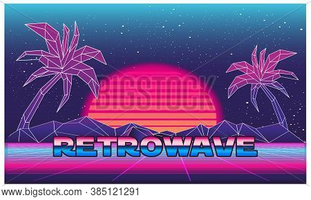 Retro Future, Slogan Give Me Back 80's, Futuristic Landscape, Mountains. Sci-fi Background. 80S Part