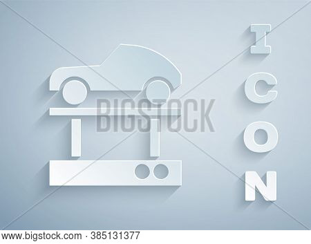 Paper Cut Repair Car On A Lift Icon Isolated On Grey Background. Repair Of The Underbody, Suspension