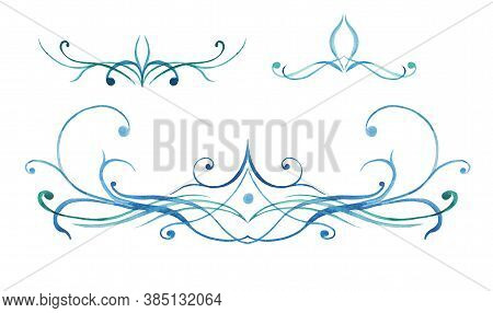 Vintage Ornament Made In Watercolor. Decorative Elegant Curls, Text Separators. Set For Your Disign.