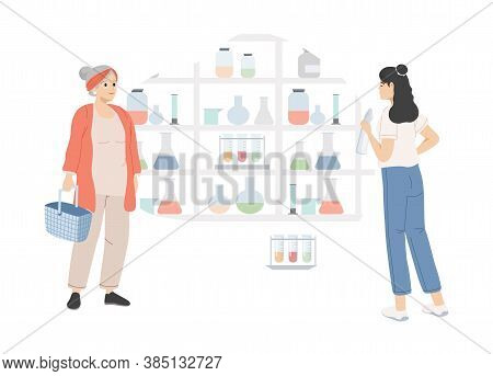 Young And Old Women Choosing Drugs In Pharmacy Vector Flat Illustration. People In Drugstore Buying 