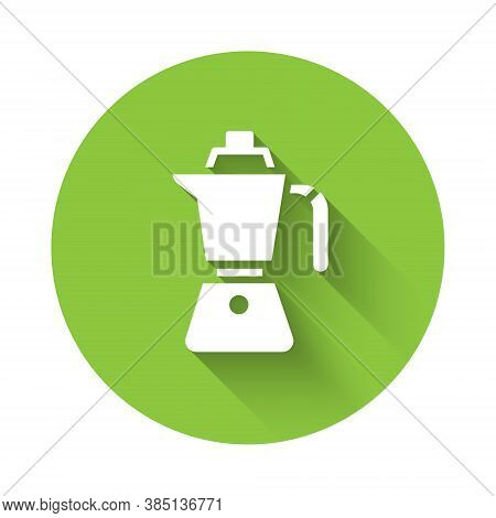 White Coffee Maker Moca Pot Icon Isolated With Long Shadow. Green Circle Button. Vector