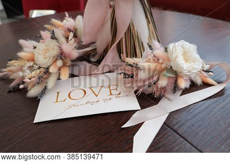 Stylish Bridal Bouquet Of Preserved Flowers And Lagurus With Boutonniere. Dried And Preserved Flower